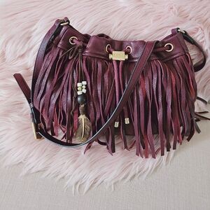 Aimee Kestenberg Boho Burgundy Pebble Leather Fringe Crossbody Handbag